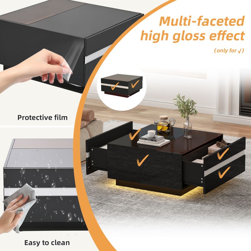 Table basse carrée 70 x 70 x 36 cm avec LED, table de salon haute brillance avec 2 tiroirs, table d'appoint avec plateau en verre trempé, table basse au design géométrique_voghion.com