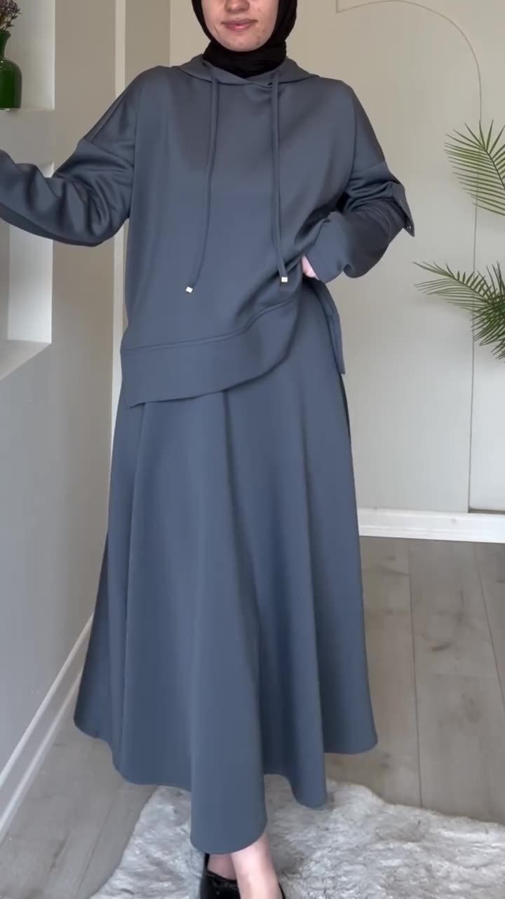 Damenbekleidung, Naher Osten, Mode, Pullover, Rock, Anzug, einfarbig, mit Kapuze, Pullover, Oberteil, A-Linien-Rock, lässiger Anzug für Damen_voghion.com