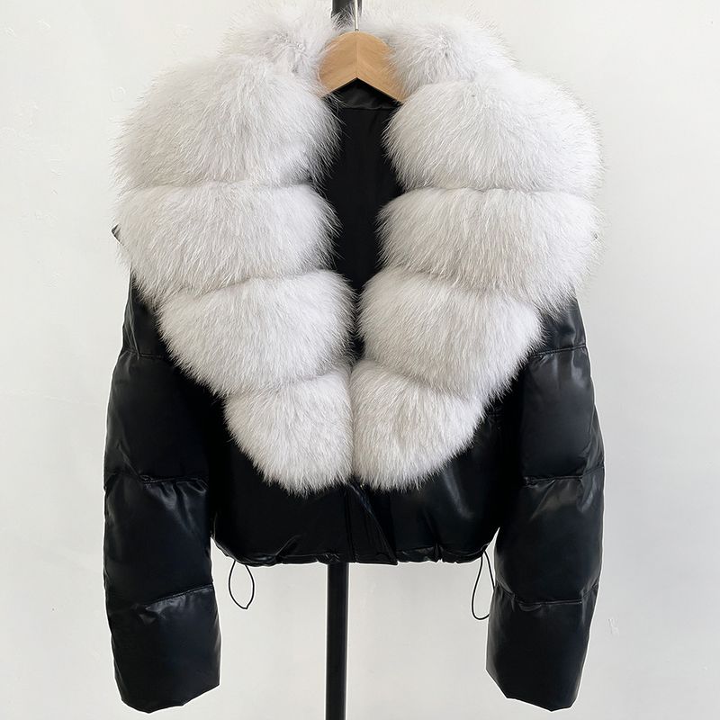 Damenmode Pufferjacke mit Fuchspelzkapuze, übergroßer kurzer Wintermantel, S/M, Schwarz/Weinrot/Grau/Khaki/Grün_voghion.com