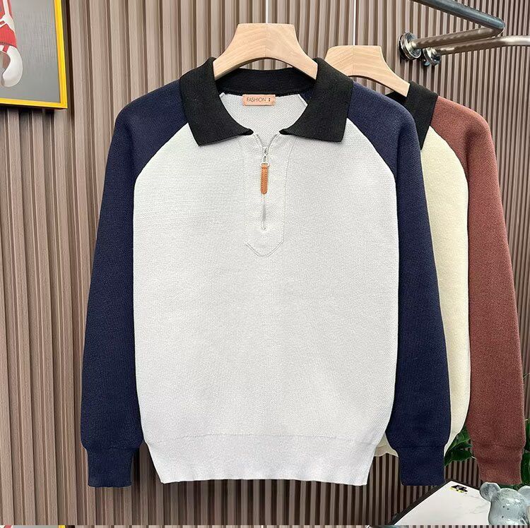 Herren-Pullover im japanisch-koreanischen Hybrid-Stil mit halbem Reißverschluss – Pullover mit kontrastierendem Revers und Polokragen (Gräulich/Aprikose, M-3XL)_voghion.com