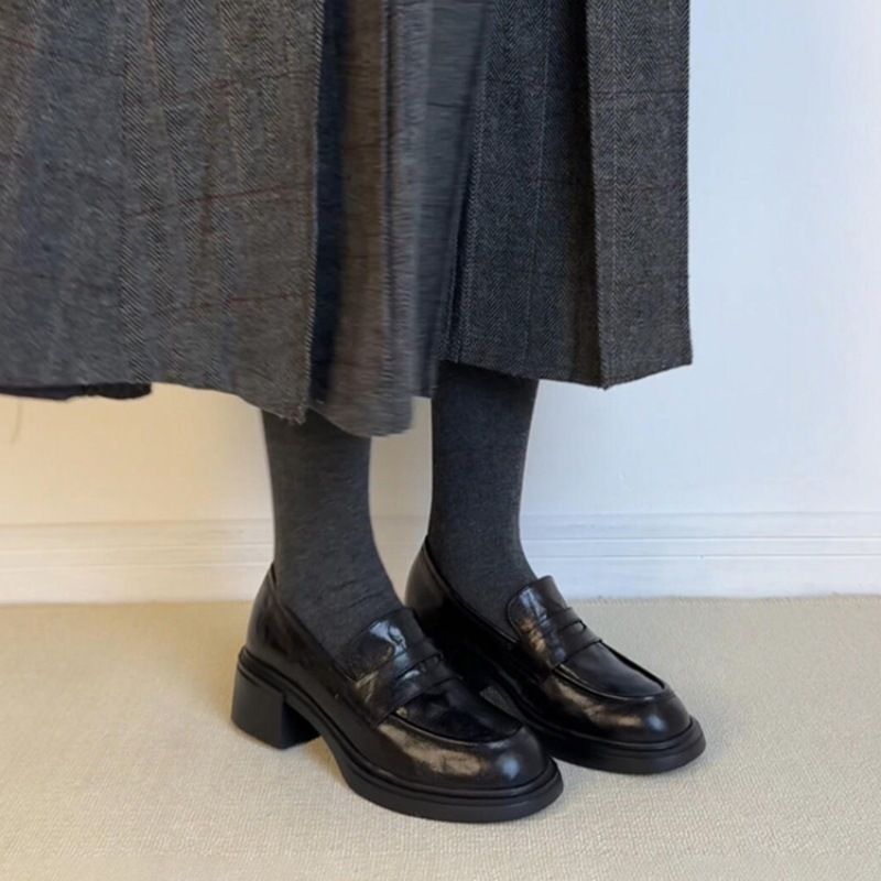 Cowhide Version~ New Chunky Heel Loafers For Women Slip-On Round Toe Single Genuine Commuting Lazy Small Leather Shoes_voghion.com