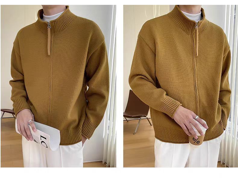 Men's British-Style Knit Jacket - Zip-Up Stand Collar Sweater (Black/Mustard/Green, M-XXXL)_voghion.com