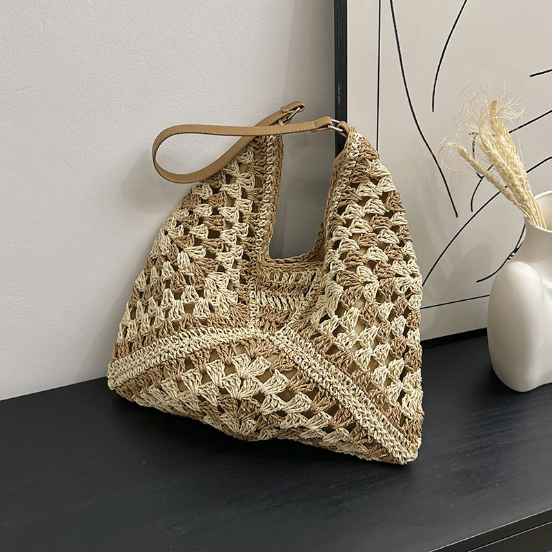 Borsa a tracolla di paglia intrecciata da donna popolare, borsa di medie dimensioni con manico per le vacanze al mare_voghion.com