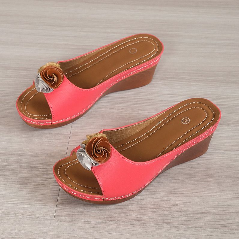 Infradito a fiori colorati con suola spessa per abbigliamento outdoor da donna, tacchi spioventi cuciti, sandali leggeri_voghion.com