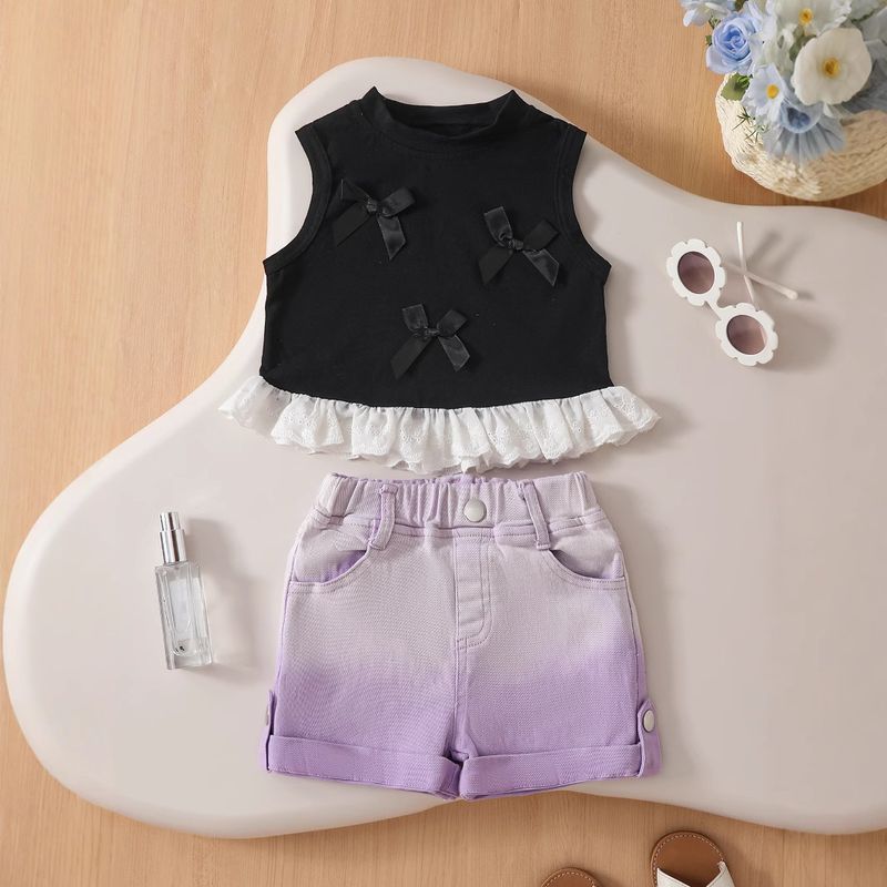 Girls Korean Style Bow Vest Summer New Style Sweet Stitching Lace Sleeveless T Shirt Denim Shorts Suit_voghion.com
