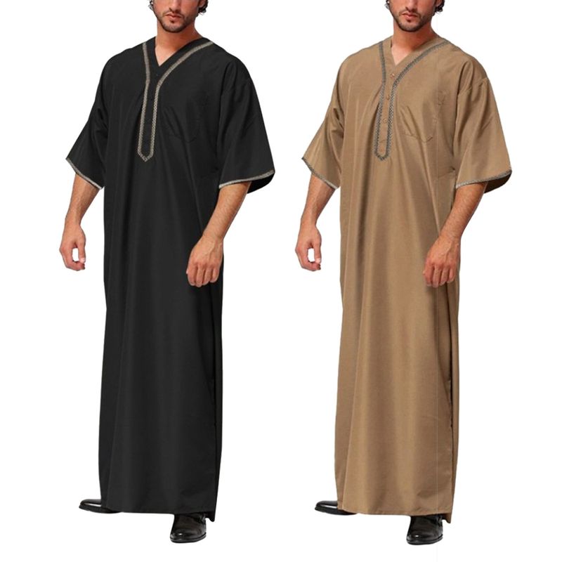 Jubba Thobe muçulmano cor sólida botão quimono robe médio camisa muçulmana saudita gola alta kaftan árabe islâmico masculino_voghion.com