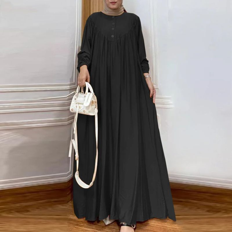 Vestido musulmán liso de moda islámica para mujer, estilo vintage turco, abaya, hiyab de manga larga, cuello redondo, plisado, suelto, kebaya 2025_voghion.com