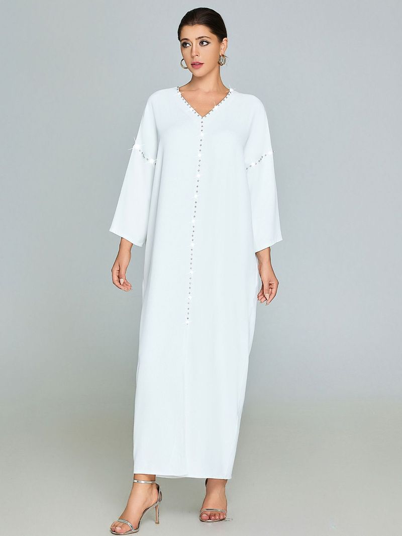 Elegante abito lungo con perline fatte a mano per donna - Abaya fluido e taglie forti con decorazioni, comodo caftano a maniche lunghe per occasioni casual e speciali_voghion.com