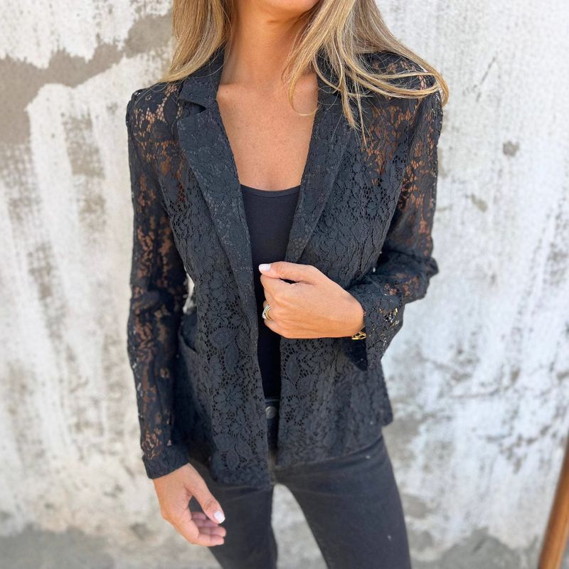 Blazer con camicetta in pizzo tinta unita a maniche lunghe, nuovo e alla moda, casual da donna_voghion.com