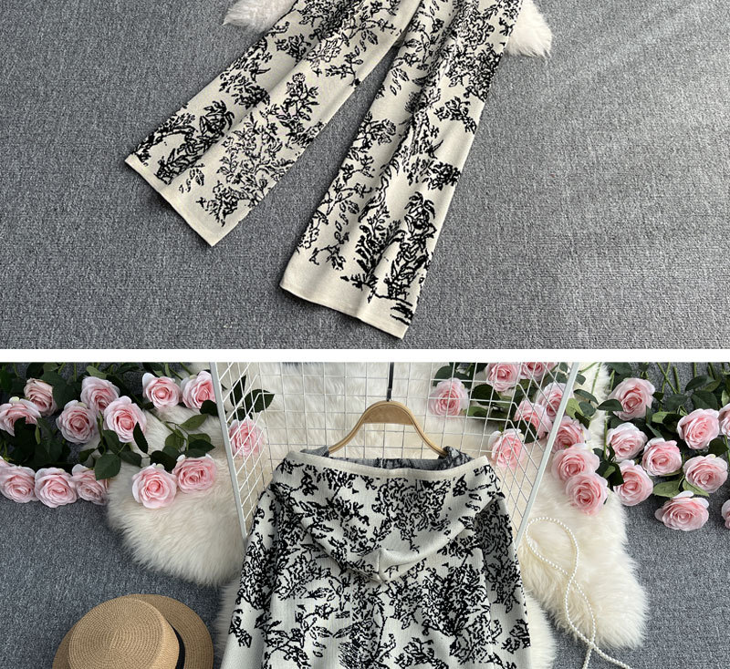 Sweat-shirt tricoté à capuche et fermeture éclair en jacquard pour femmes, ensemble deux pièces, taille haute, pantalon à jambes larges_voghion.com
