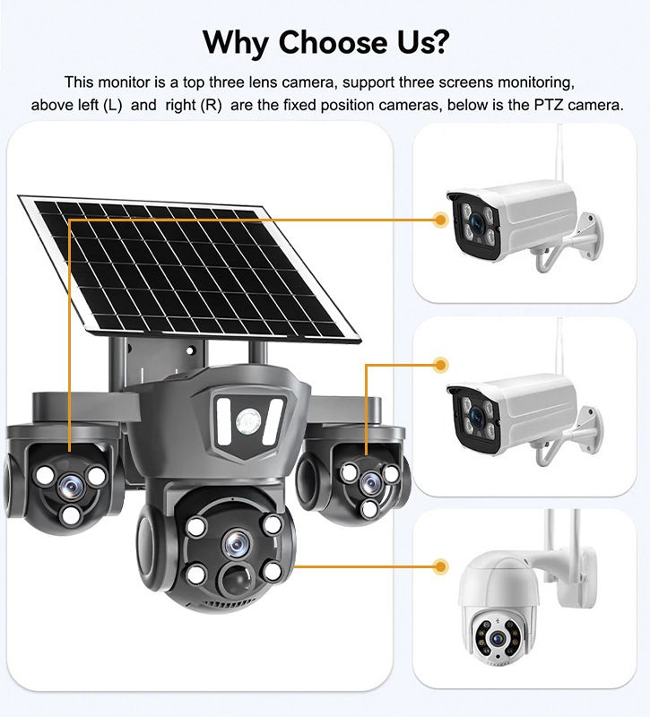 Câmera de segurança PTZ de 4 lentes alimentada por energia solar - WiFi/4G externo, Ultra HD, sem necessidade de fiação_voghion.com