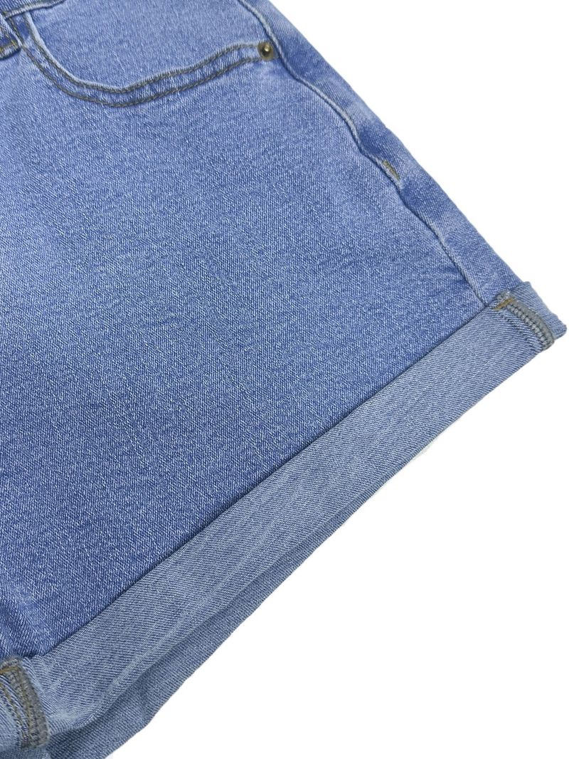 Pantaloncini in denim elasticizzato alto da donna - Pantaloncini cortissimi stile street con orlo arrotolato, vestibilità comoda ed elasticizzata_voghion.com