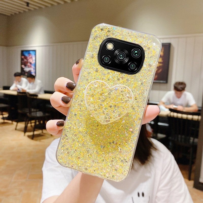Läikiv Glitter Heart Love telefonihoidja ümbris Xiaomi POCO X3 NFC M3 Pro Coque pehme silikoonkaanele_voghion.com