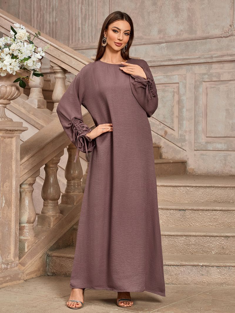 Abito lungo elegante alla moda da donna, in tessuto di poliestere, con cintura, lunghezza midi, maniche lunghe e regolari._voghion.com