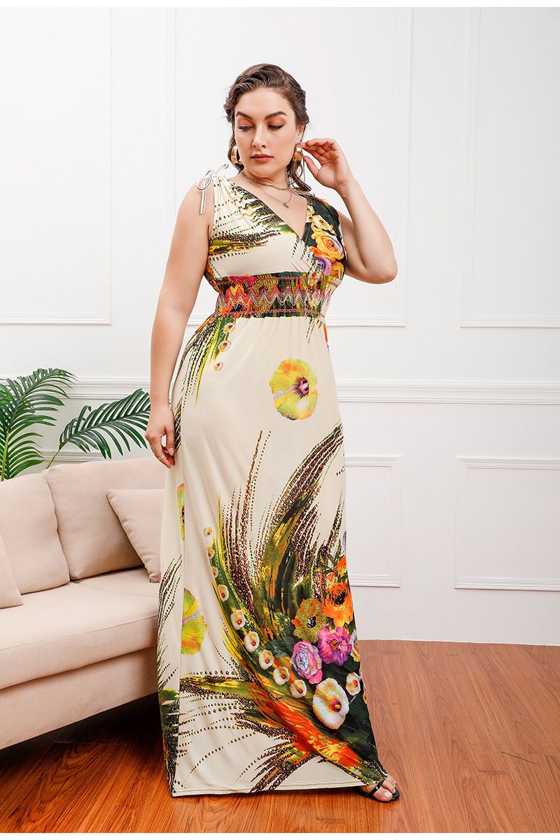 Vestido de seda de hielo con estampado de talla grande para mujer, vestido largo bohemio con escote en V y tallas grandes_voghion.com