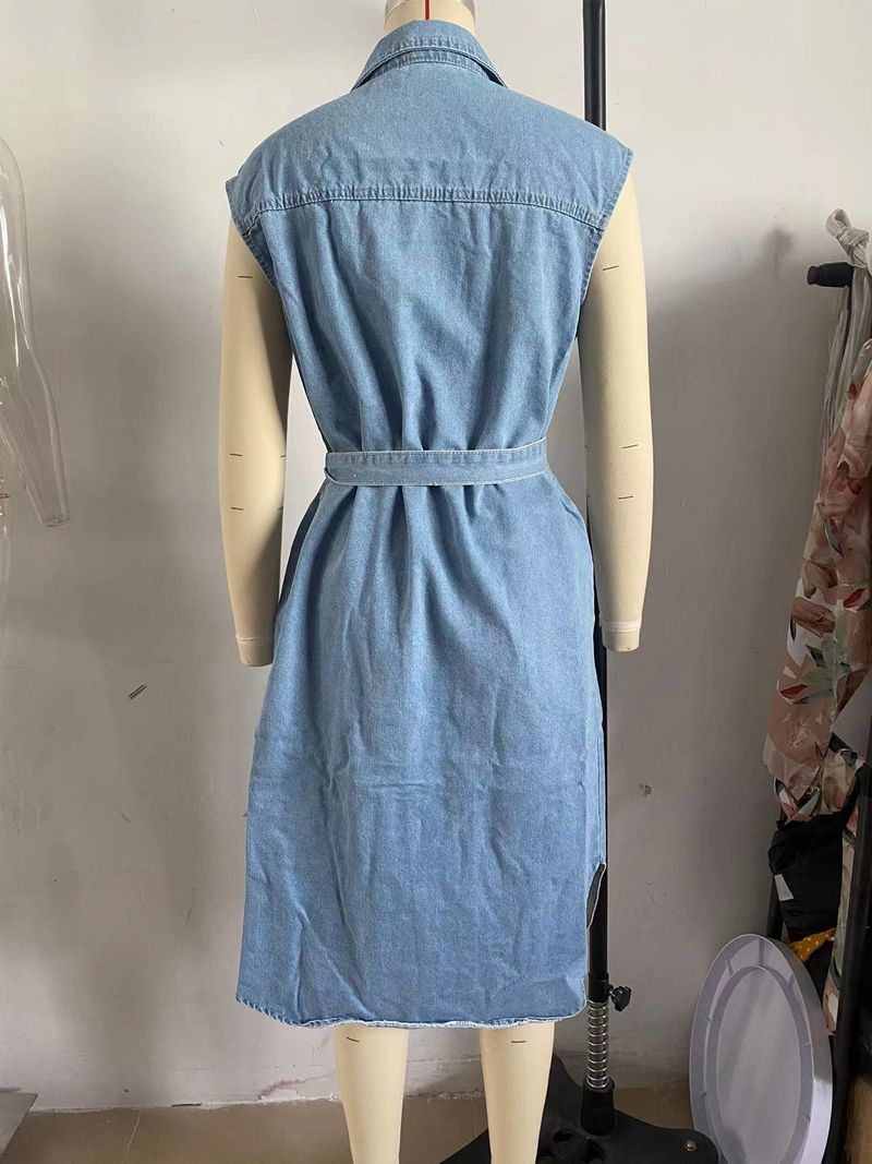 Abito in denim con lacci e vita aperta sul petto, senza maniche, con risvolto casual da donna _voghion.com