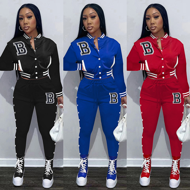 Women's solid color baseball two-piece blazer with breasted pockets_voghion.com