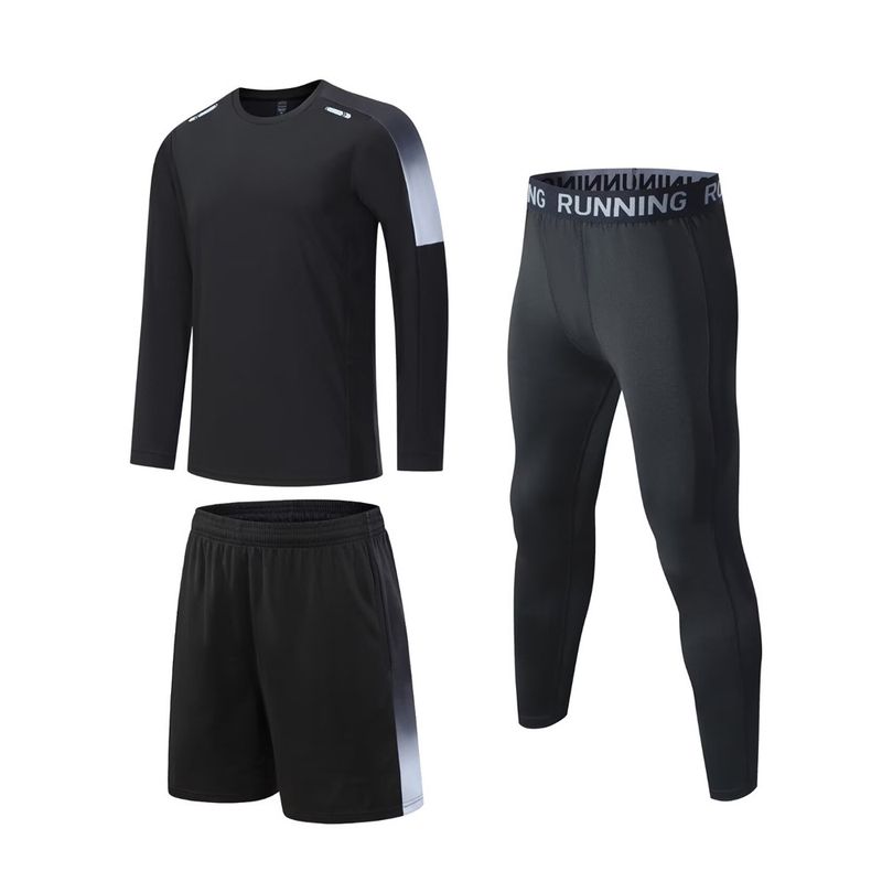 LazyZoom Sports Suit Three-Piece Set Long Sleeve Spring Summer Running Clothes Men's Fitness Breathable Base Layer Quick-Dry_voghion.com