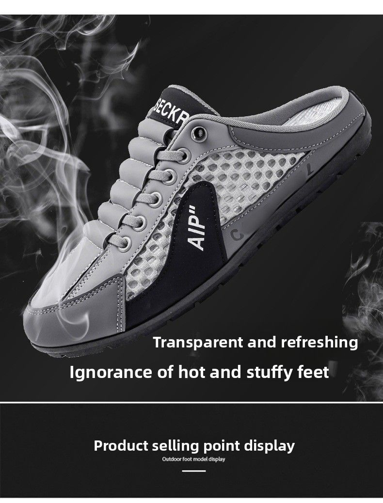 Hollow Out Large Size Summer Mesh Half Slippers Slip-On Outdoor Lazy Breathable Loafers Men's Shoes_voghion.com