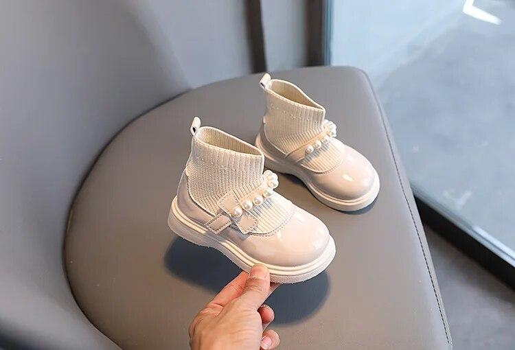 Girls Princess Autumn Winter Children Thin Cashmere Lined Sock Toddler Fashion Beading Leather Boots Non-slip Shoes_voghion.com