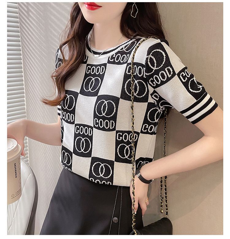 Women's Clothing Color Matching Ice Silk Sweater New Fashion Round Neck Pullover Top Stylish Bottoming Shirt_voghion.com