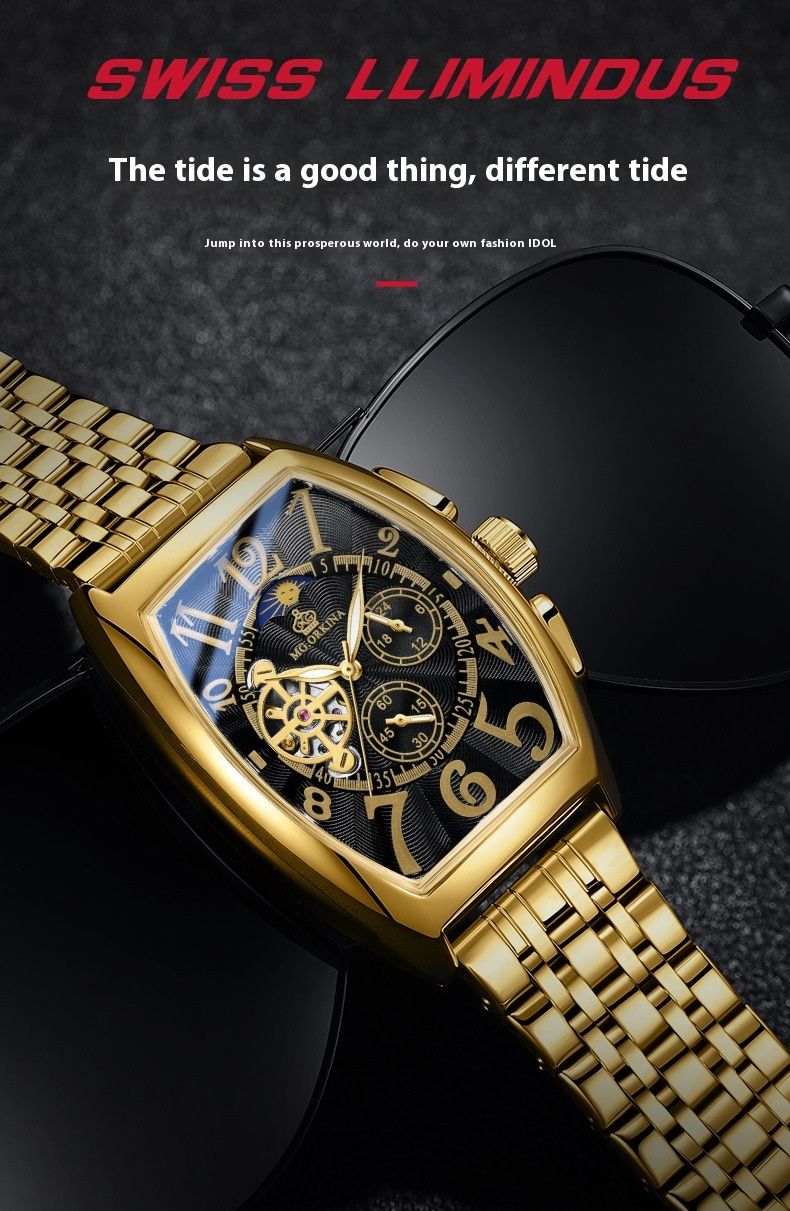 New light luxury tonneau exquisite type waterproof skeleton fashion personality hundred automatic mechanical watch men_voghion.com