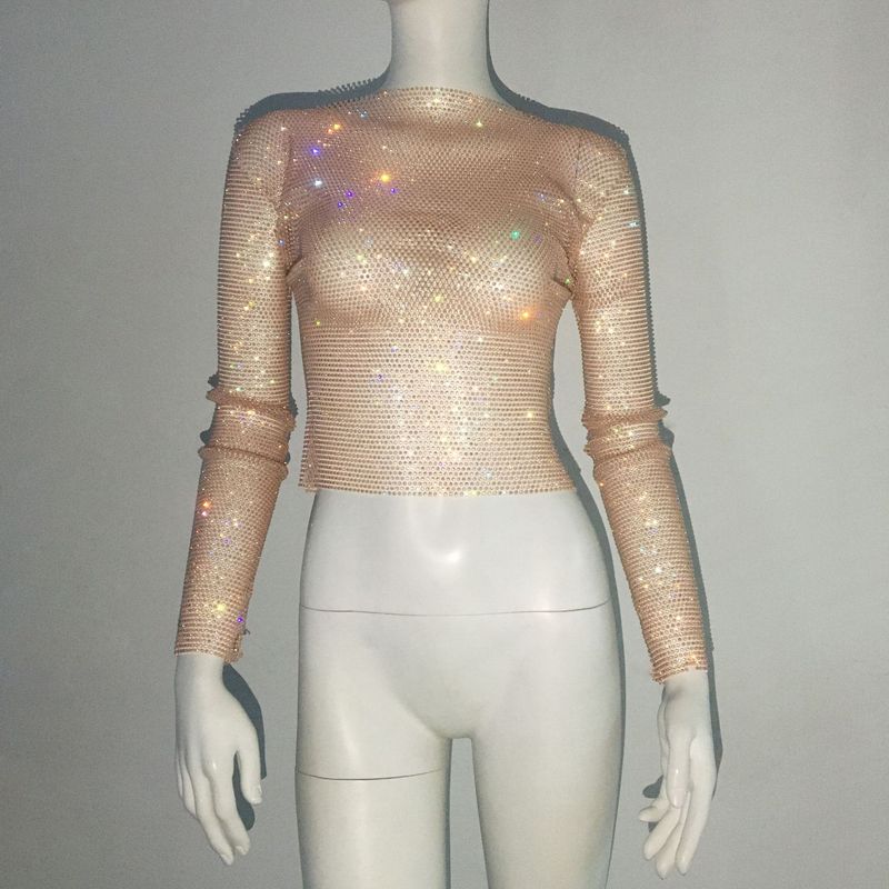 Maglietta da pesca con strass, a maniche lunghe, girocollo, leggera e di lusso, da donna, con look scintillante, alla moda e di tendenza._voghion.com