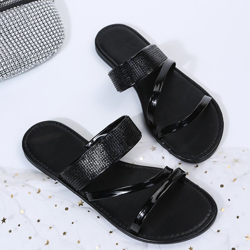 Women's Shoes Large Size Casual Slippers Summer New Round Head Rhinestone Flat Sandals_voghion.com