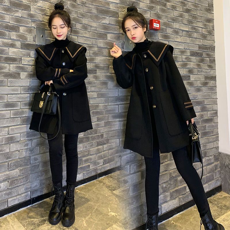 Navy Collar Coat Mid-Length Women 2024 New Korean Version College Style Petite Single-Breasted A-Line Woolen Jacket_voghion.com