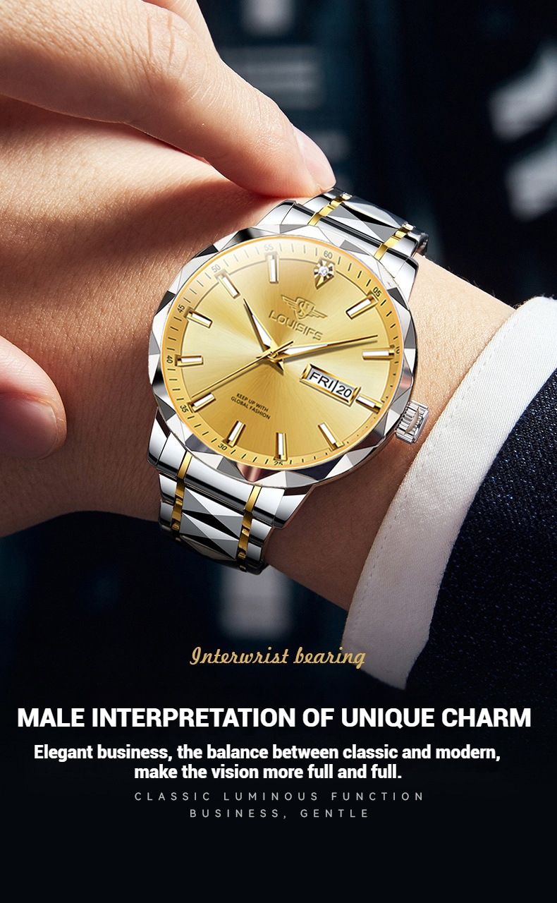 Orologio da uomo al quarzo di lusso con fasi lunari e indicazione della settimana, cassa e cinturino in acciaio inossidabile, vetro in cristallo minerale, resistente all'acqua_voghion.com