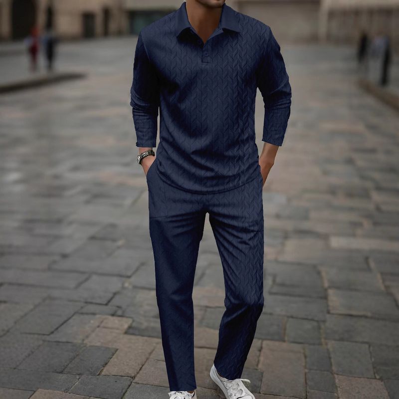 Breathable Jacquard Polo Set – Lapel Collar Summer Suit With Moisture-Wicking Trousers (Black/White/Gray/Army Green/Khaki/Navy, S-XXXL)_voghion.com