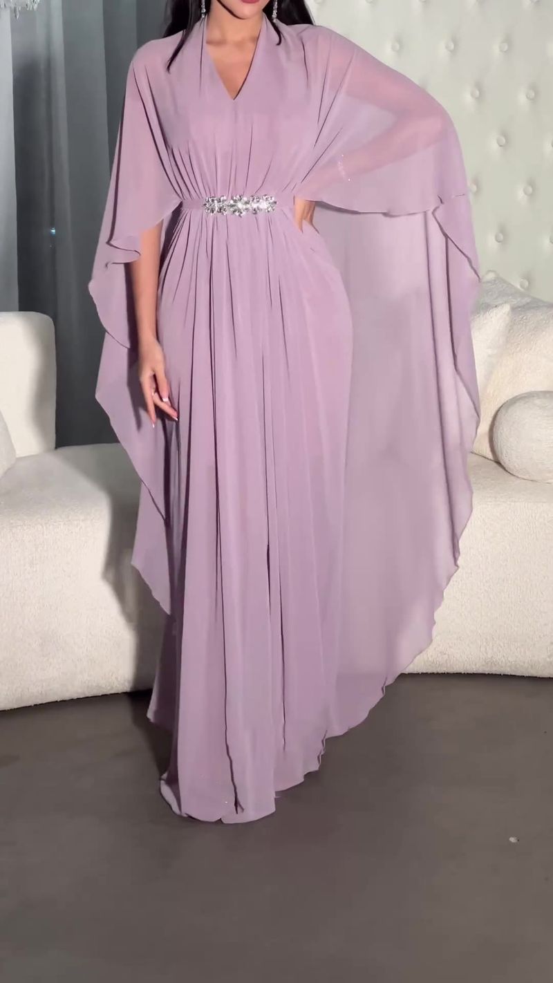 Solid Color Long Gown Slim V Neck Waist Temperament Dress_voghion.com