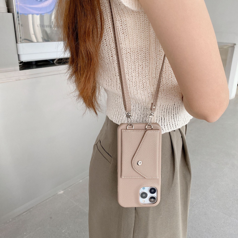 Mobile phone case card holder cross-body mobile phone case suitable for iPhone15 mobile phone case Apple 14promax pebbled pattern mobile phone case_voghion.com