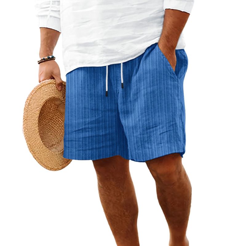 Abbigliamento Uomo Nuovi Pantaloncini in Cotone e Lino con Tasche Multiple e Coulisse Pantaloni da Spiaggia a Righe da Uomo_voghion.com
