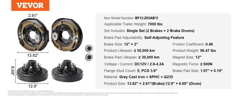 VEVOR Trailer Hub Drum Kits 8 On 6.5" B.C. With 12" X 2" Electric Brakes, Self-Adjusting Trailer Brake Assembly For 7000 Lbs Axle, 5-Hole Mounting, Backing Plates For Brake System Part Replacement_voghion.com
