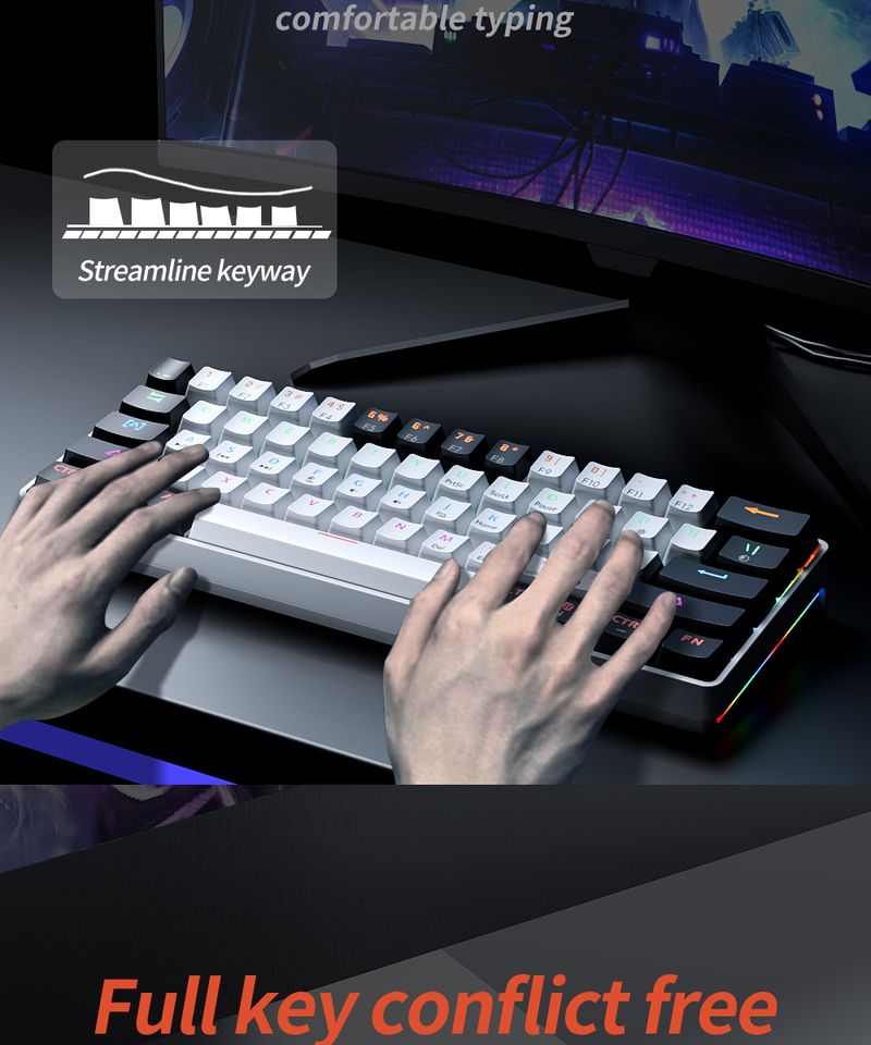 Teclado mecânico Mucai 61 teclas RGB Cool Lihtin Hot Plu Red Switch prático e portátil, adequado para escritório_voghion.com