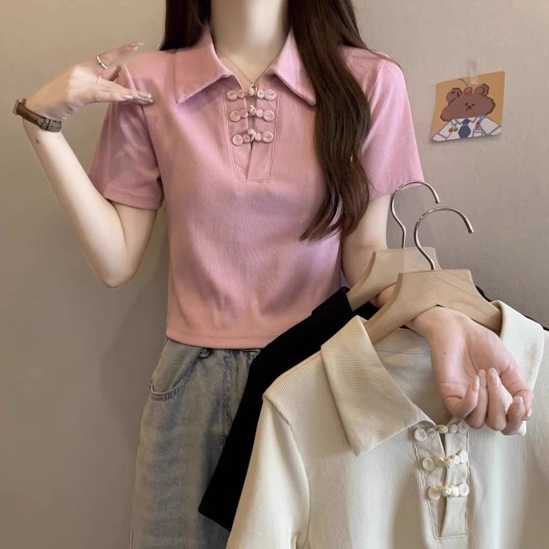 New buckle Chinese style sleeved T-shirt for women in summer 2024, covering the belly and showing off thinness, short_voghion.com