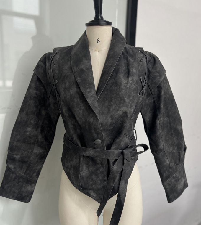 Trench in similpelle da donna con cintura in vita e colletto a revers - Elegante giacca a maniche lunghe per autunno inverno (marrone/nero/grigio/fantasia)_voghion.com