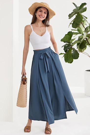 Calça Palazzo Feminina Leve, Casual, de Cintura Alta, com Bolsos e Fenda - Calça Larga e Flutuante para o Verão_voghion.com