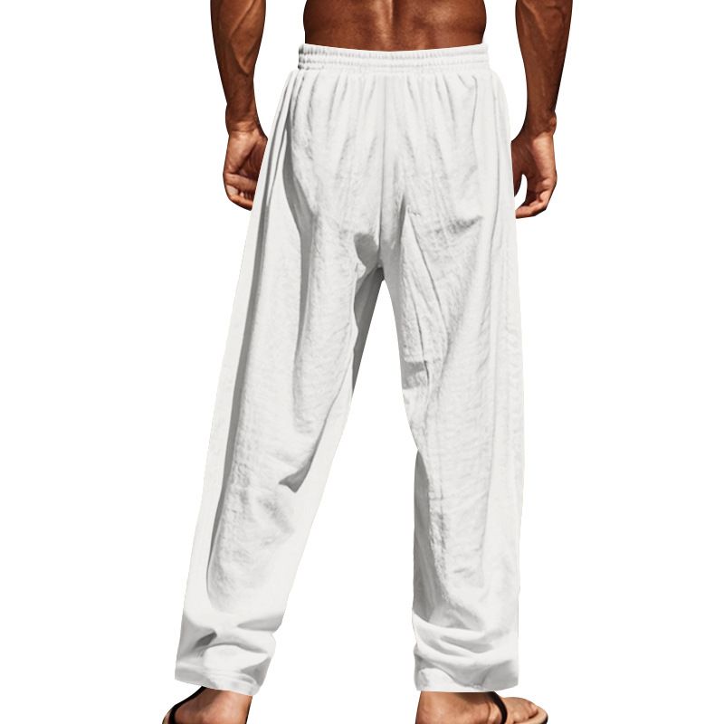 Spring And Autumn American Beach Solid Color Cotton Linen Loose Drawstring Button Casual Pants For Men_voghion.com