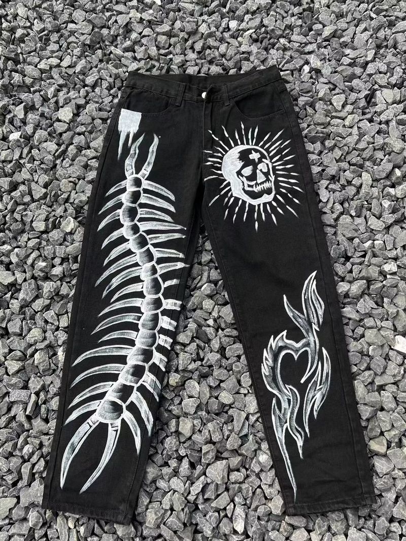 Herreklær High Street Tåke Personlig Trykt Brodert Jeans Hip Hop Trendy Svarte Flagrende Løse Bukser Trendy_voghion.com
