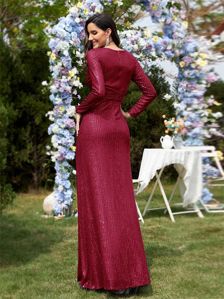 Abito da sera a sirena con scollo a V e maniche lunghe da donna_voghion.com