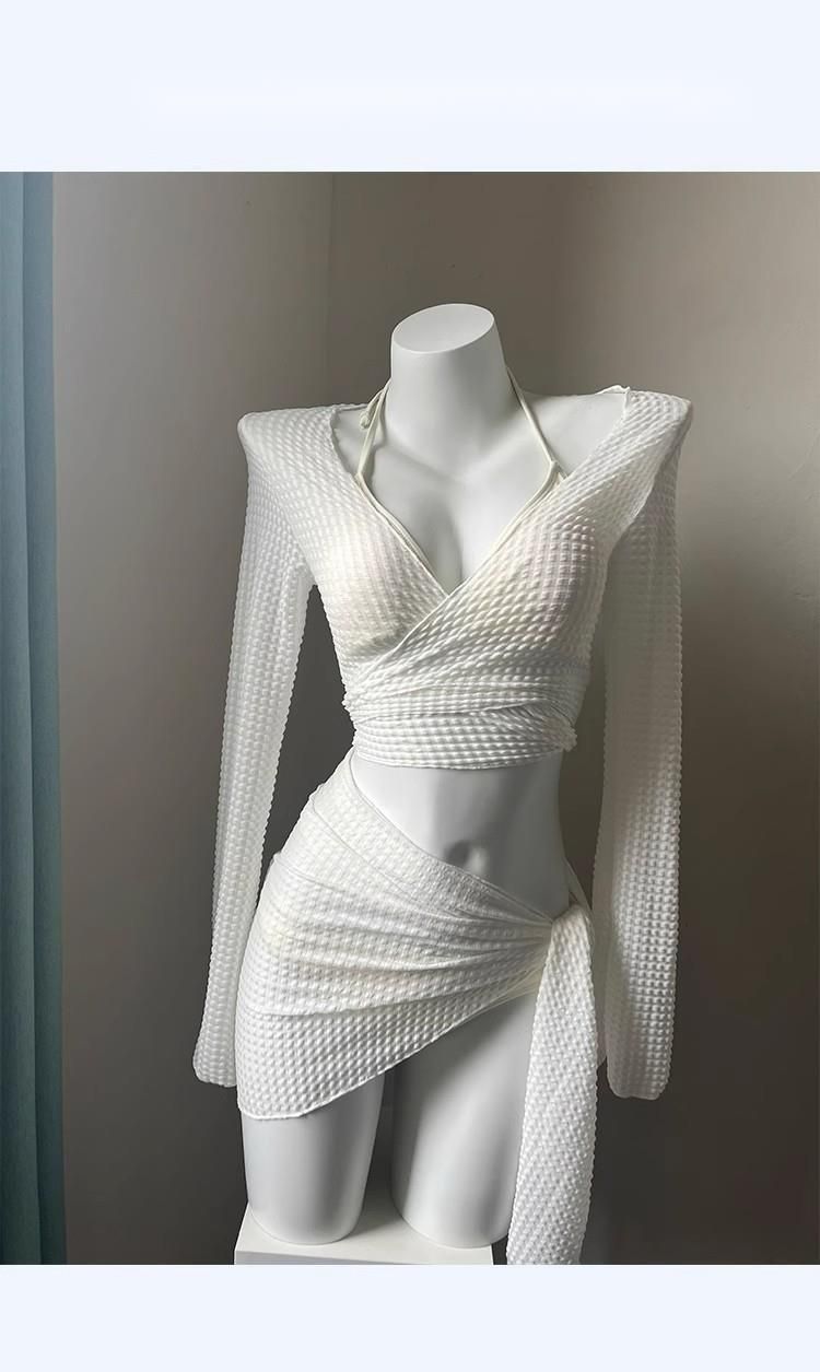 Bikini Langarm Sonnenschutz Zweiteiliger Badeanzug Für Damen Neues Vierteiliges Set High-End Slim Sexy Pure Desire Weiß_voghion.com