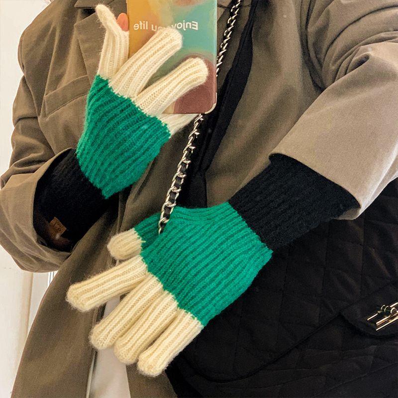 Color Block Korean Ins Wool Knitted Cute Winter Women Warm Touch Screen Five Finger Riding Gloves_voghion.com