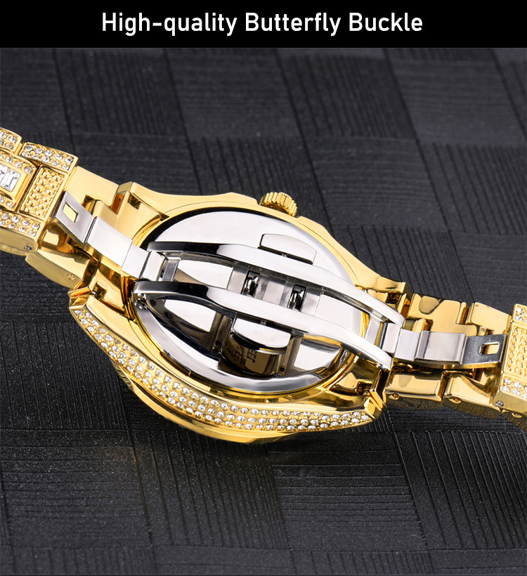 MISSFOX Dual Calendar New Full Diamond Luxury Men's Quartz Gentlemen's Watch Gold Fashion_voghion.com