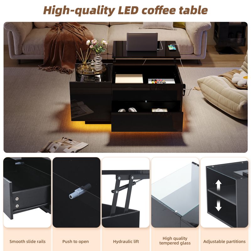Table basse réglable en hauteur 95 x 48 x 42 cm avec rangement dissimulé, éclairage LED, tiroir et prise de courant - Table d'appoint de salon noire_voghion.com