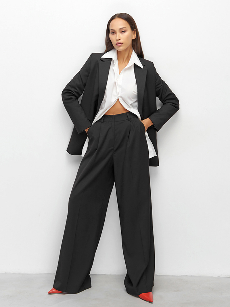 Pantaloni eleganti da donna a vita alta e gamba larga - Pantaloni da ufficio con orlo fluido e tasche laterali - Tessuto elasticizzato in misto poliestere (nero/kaki, S-XXL)_voghion.com