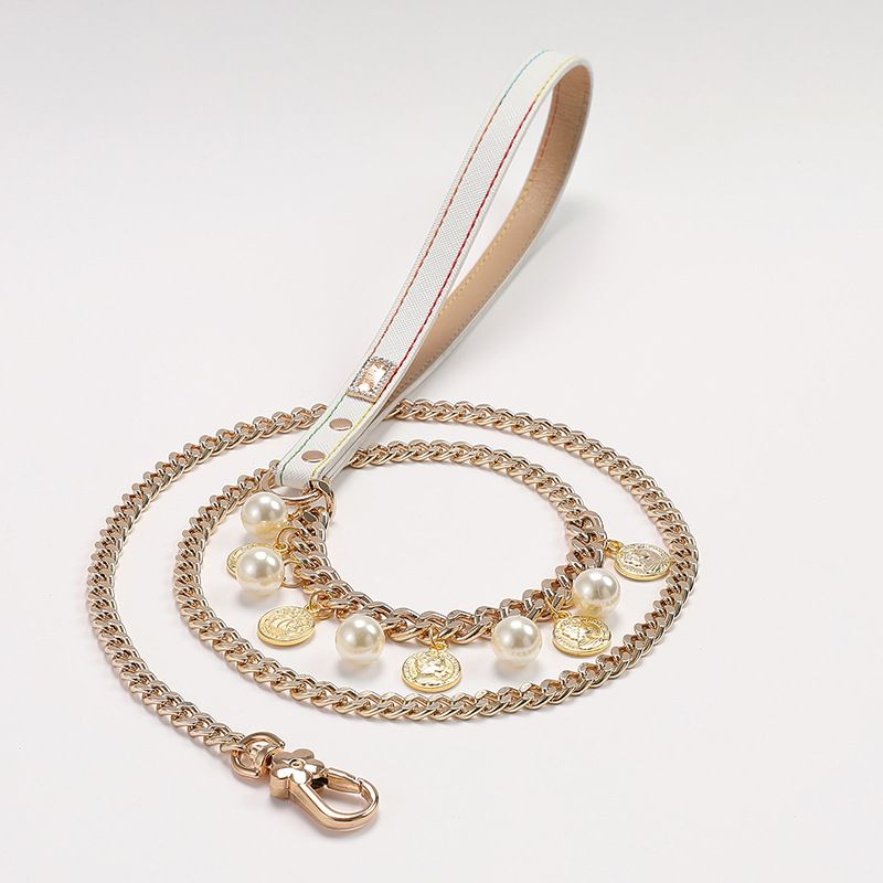 Unisex Pearl Collar Pet Soft Clay Ball Wire Rope Leash Cat and Dog Collar Pet Supplies_voghion.com