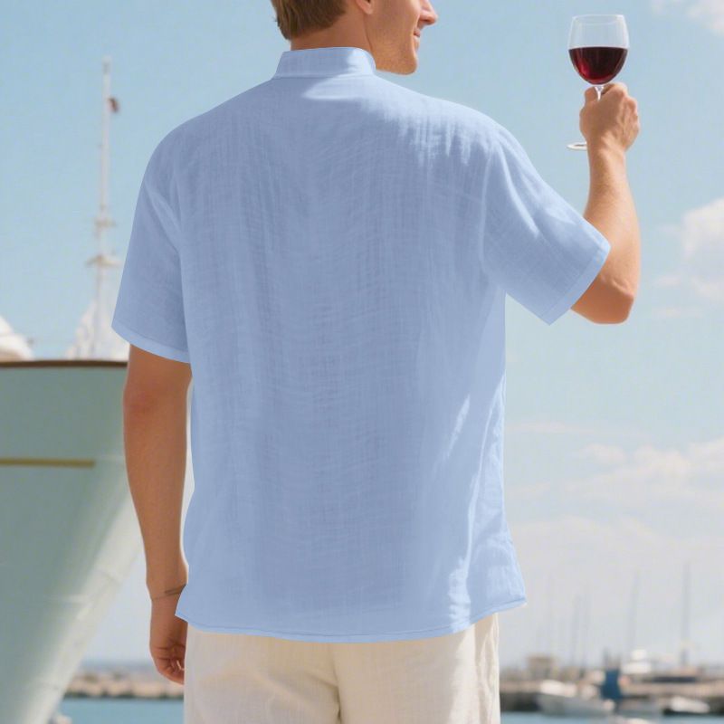Camicia casual estiva da uomo, ampia, con colletto alto, abbottonata, in lino, a maniche corte, tinta unita, taglie forti_voghion.com