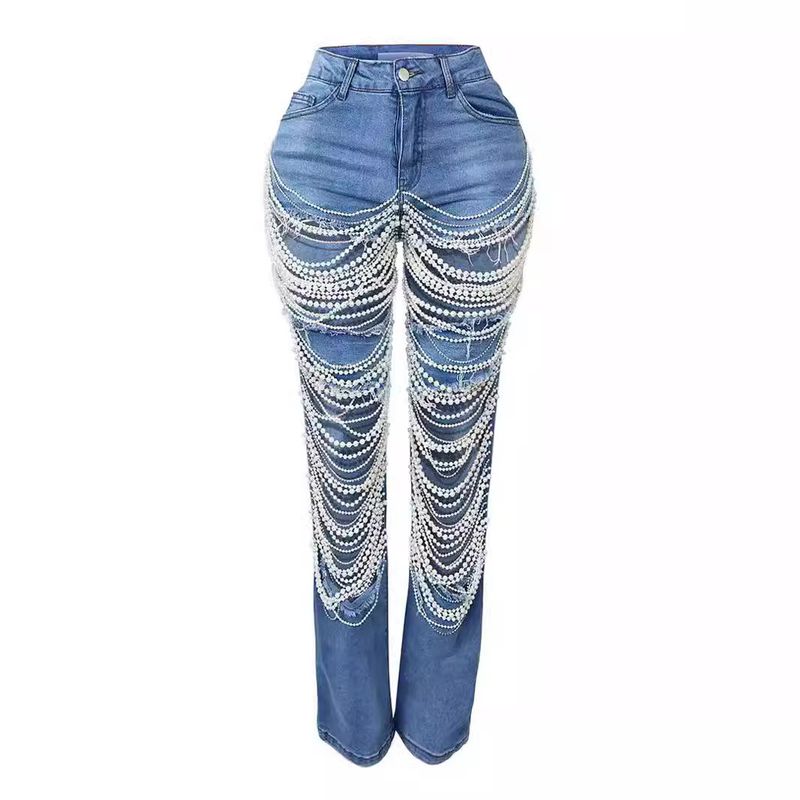 Women's Clothing Hot Girl Summer Pants Holes Heavy Beaded Beaded Stretch Jeans Trousers Women Jeans_voghion.com